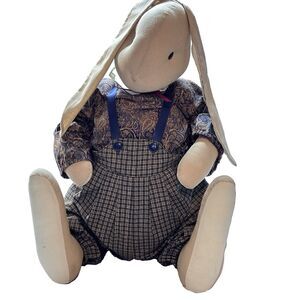 Vintage Country Farmhouse Cloth Bunny Doll Primitive Rabbit Plush Plaid Overalls